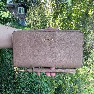 COACH Long Zip-Around Wallet Wristlet Nude Brown Pebble Leather w Gold Hardware